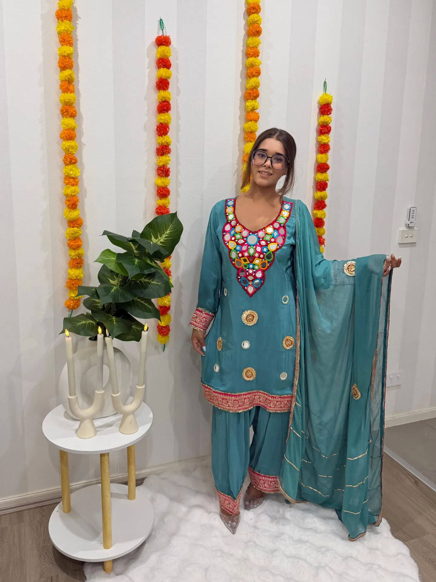 Multicolour Mirror Work Farshi Salwaar Suit